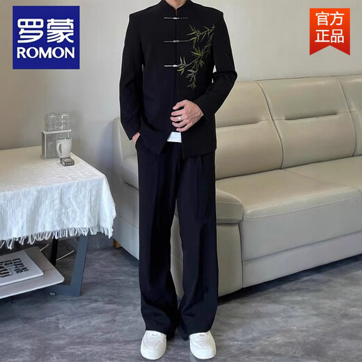 ROMON New Chinese Style Green Bamboo Embroidery Shoulder Pads Button Suit Jacket Fashionable Men's Tunic Suit Stand Collar Tang Suit Small Suit Black Green XL