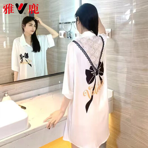 雅鹿高档夏季新款短袖薄款冰雪丝睡裙夏天宽松性感衬衫领家居服睡衣裙 719香槟色 M 80-100斤