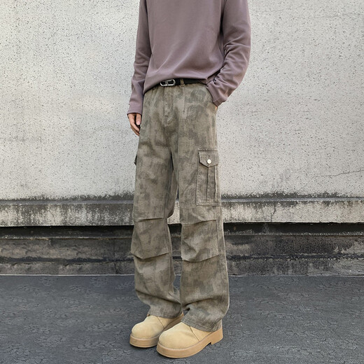 IZEXX Camouflage Work Casual Pants Men's Autumn Retro Versatile Wasteland Style Loose Straight Long Pants IZ53 Khaki 3XL