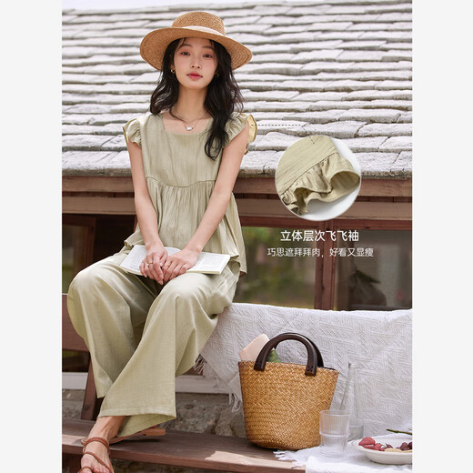 
Vanciman temperament casual flying sleeve top wide-leg pants suit for women 2025 summer new style free matching set M9901 khaki L