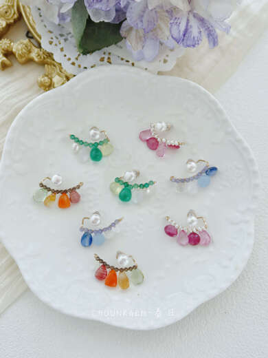 Shien Japanese Light Luxury Natural Stone Niche Earrings Original Design Crystal Moonstone Tanzanite Ear Row 14K Gold Covered Women Special Note Pearl Earrings are an extra bonus