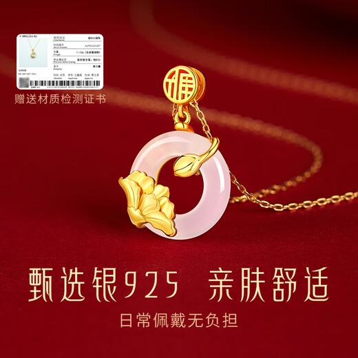 Zhen Shang Silver Chinese Gold Silver Necklace Women's Peace Button Jade Pendant Girls Mom Mother Birthday Gift Ladies Practical Wife