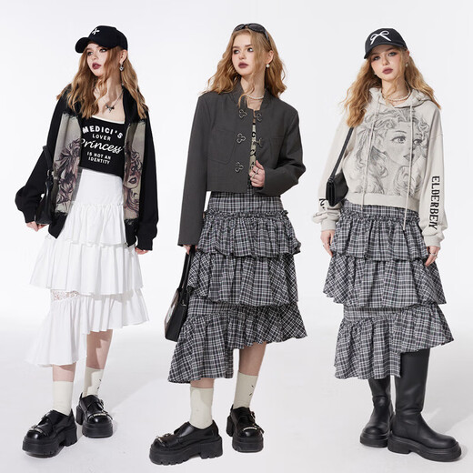 Fairy's pocket ruffled irregular plaid skirt for women 2025 spring and autumn new cake skirt long skirt Wandering gray plaid M