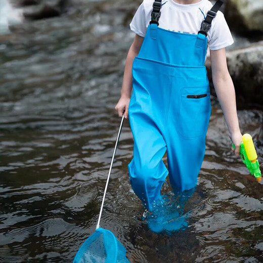 Children's waders, sea wear, wading clothes, baby wading pants, waterproof one-piece rain boots, play water clothes, fish fishing, water fork pants, blue size 35, shoe inner length 22cm