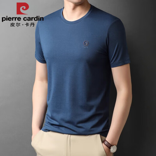 皮尔卡丹（pierre cardin）品牌夏季新款男士桑蚕丝短袖T恤休闲夏装丝光棉上衣圆领打底衫 hyx-6630圆领短袖T恤黑色 M