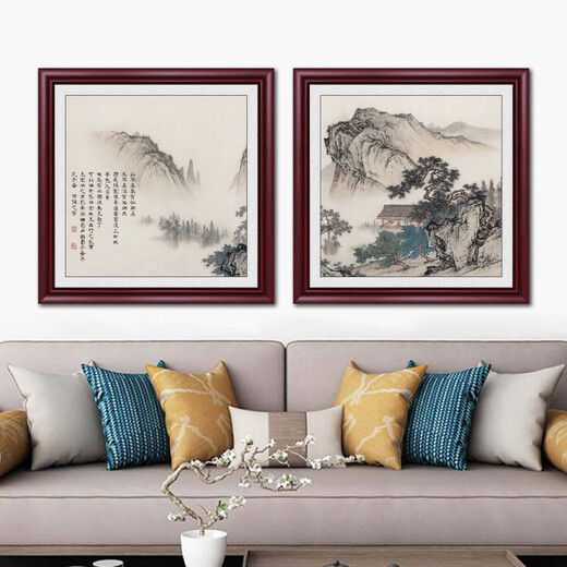 Weekend Island famous landscape painting, antique painting, ink painting, living room square hanging painting, entrance decorative painting, new Chinese style ink painting mural, riverside fisherman's house 70*70cm (living room) solid wood frame
