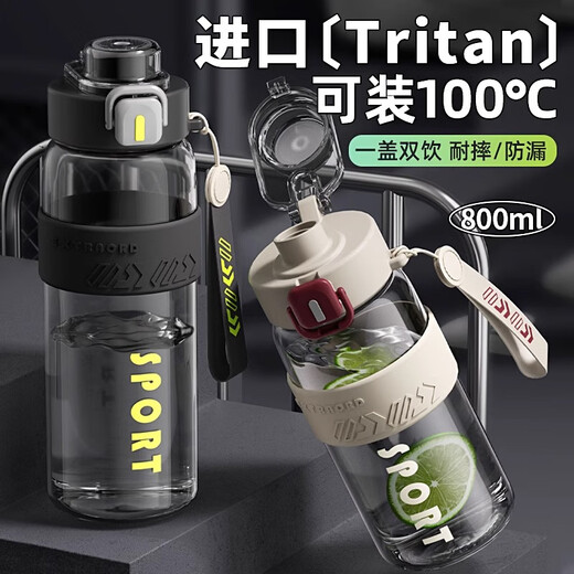 SZTAA Sports Water Cup Large Capacity Sports Water Bottle for Boys and Girls Summer School Special Fitness Portable Water Bottle High Temperature Resistant Outdoor Deep Black - Thickened PC Double Drink 800ml