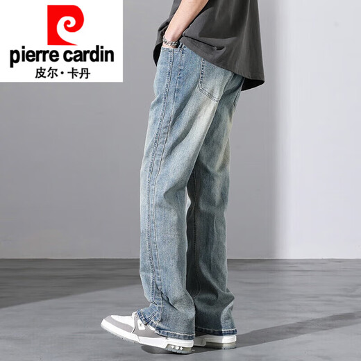 皮尔卡丹（pierre cardin）美式牛仔裤男生微喇叭夏季高街复古怀旧窄版直筒长裤子春秋款针织 9902浅蓝 3XL