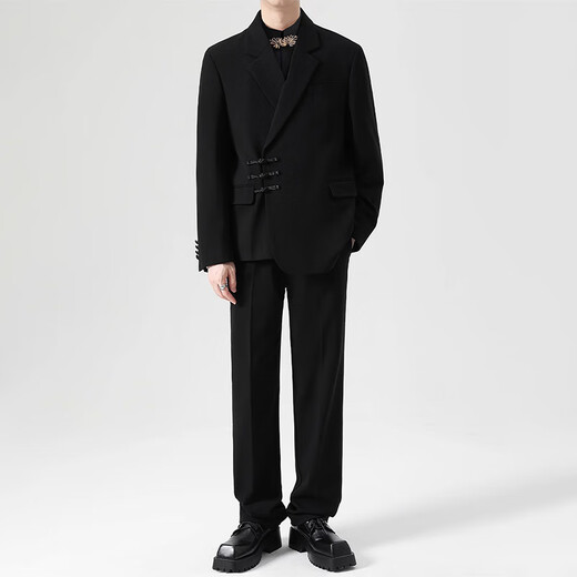 GOKU new Chinese style button suit suit for men Chinese style engagement wedding groom Chinese tunic dress Tang suit suit for men black suit + shirt + pants XL recommended weight 120-135 Jin Jin equals 0.5 kg