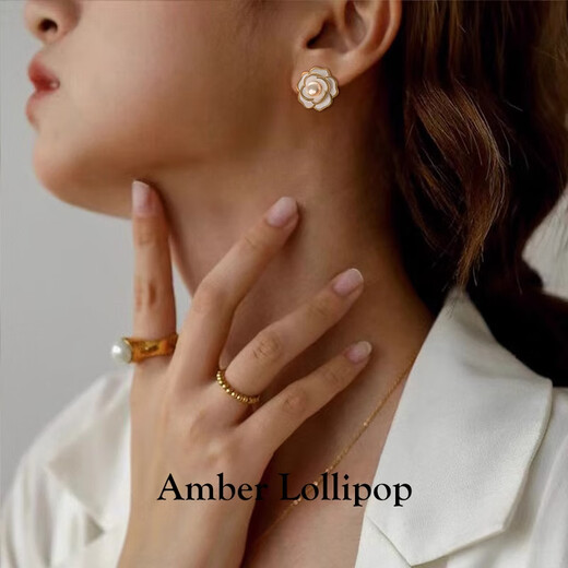 Amber Lollipop Freshwater Pearl Earrings Women's Niche Camellia Earrings Anniversary Birthday Gifts for Girlfriends and Wife Camellia Earrings