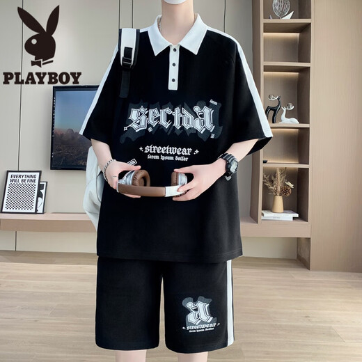 花花公子（PLAYBOY）青少年短袖t恤男孩夏季12-15岁初中高中学生polo衫13帅气大童套装 NZJ-6629白色(短袖+短裤) M 75至105斤
