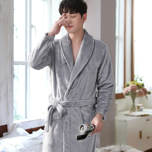 FHHUABD nightgown couple hotel spring and autumn thickened flannel bathrobe for women in autumn and winter coral velvet pajamas for men mid-length yukata for women women's robe - light gray bathrobe for women Y719 XL women-(115-130Jin[Jin equals 0.5 kg])