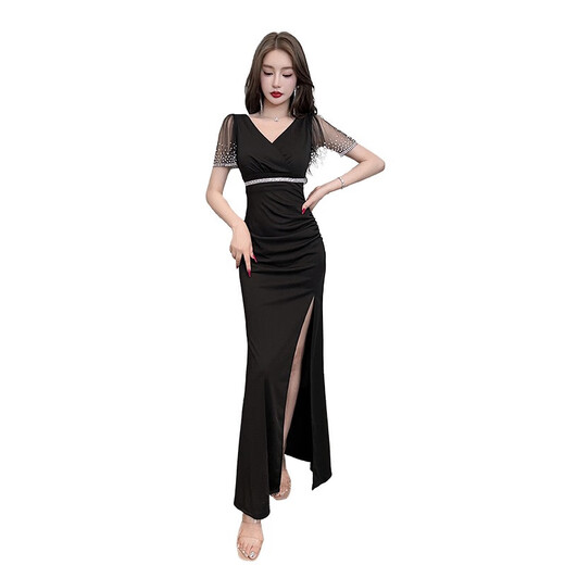 Kuzhang KTV Vestido de noche Mujer 2025 Nuevo Sexy Escotado Falda larga y delgada Técnico de baño de pies Ropa de trabajo Vestido dividido 3883 Negro Talla única 2xl