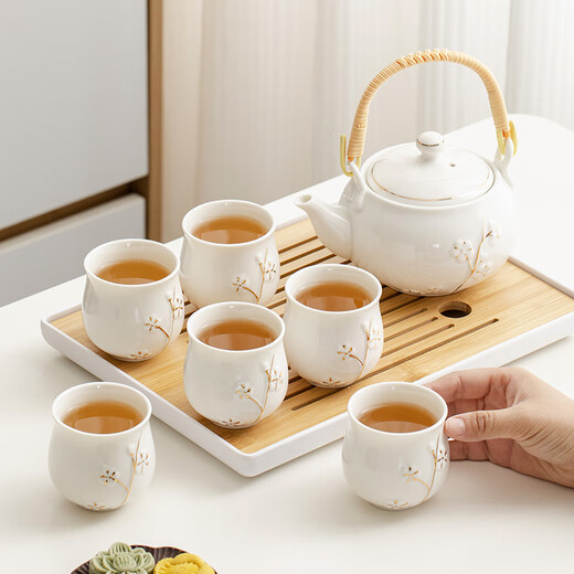 Fat Donglai's same tea set, a complete set of high-end white porcelain handle teapot set, modern household simple light luxury ceramics, gold-painted white handle set, simple packaging