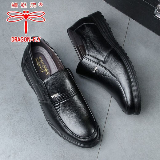 红蜻蜓蜻蜓牌皮鞋男冬季棉鞋真皮男士软底牛皮厚底中老年防滑耐磨爸爸鞋 qt7029黑色 40