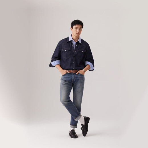 Levi's李维斯男士经典宽松蓝色牛仔衬衫时尚简约美式水洗情侣外套 中蓝色 XL