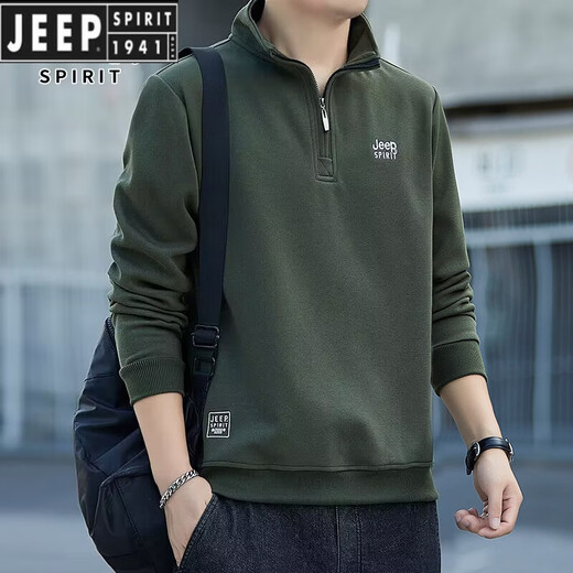 JEEP SPIRIT Jeep pure cotton sweatshirt men's spring and autumn new loose large size stand-up collar half-zip casual pullover long-sleeved top Army Green 2XL 140-160Jin Jin equals 0.5 kg