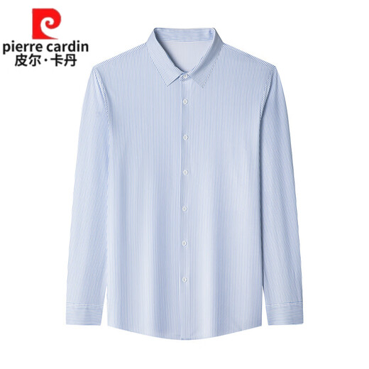 皮尔卡丹（pierre cardin）品牌春秋季100%桑蚕丝长袖衬衫男士中年休闲浅色条纹衬衣免烫 BY9906款-兰格 S 165/48【适合体重90-120斤】