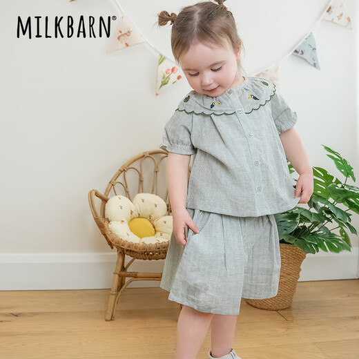 Milkbarn2025 Nouveaux produits de printemps et d'été pour le costume à manches courtes pour enfants pour les chemises pour filles, short, vêtements pour enfants, vêtements à la mode de bébé, rayures vertes de riz, 110 (3-4 ans de référence de 100 à 10 h)