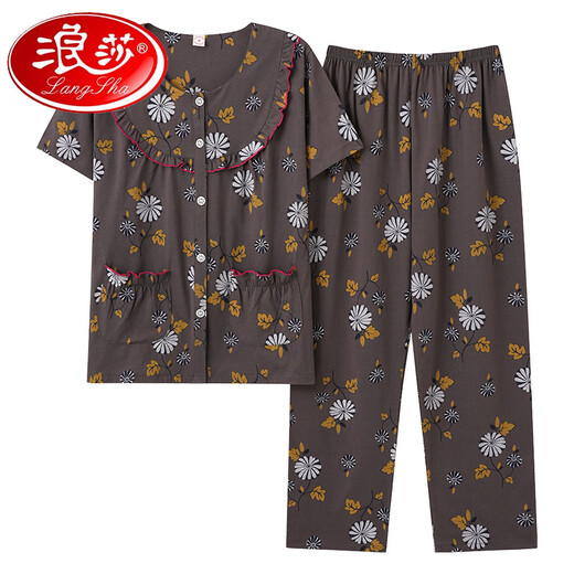 浪莎（LangSha）2025夏季女士短袖长裤纯棉睡衣开衫中年妈妈加肥加大码套装家居服 XSFEE-5009 M 【建议80-100斤】