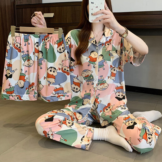 
Three-piece set of cute crayons, Xiaoxin, summer short-sleeved cardigan, pajamas, female student dormitory, cartoon home clothes, KK14135 M [recommended 80-100Jin [Jin equals 0.5 kg]]