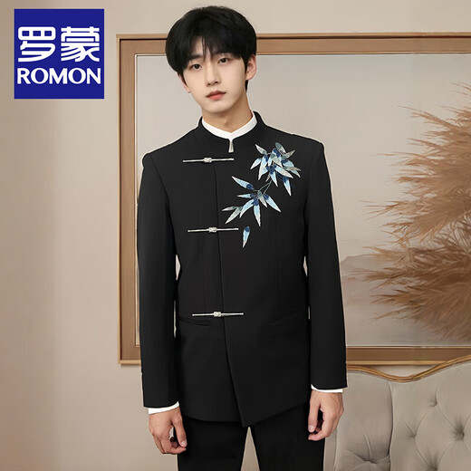 罗蒙（ROMON）新中式西服套装男款中山装轻奢感晚宴刺绣中国风复古西装唐装外套 黑色【三件套】外套+裤子+白衬衫 L