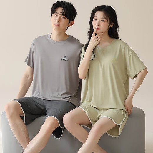 莫代尔夏季男士睡衣男情侣款女士带胸垫短袖短裤夏天凉感休闲家居服套装 01N15801女 01N15601男 XL 男- 120-140斤