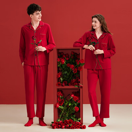 Fenteng Spring and Autumn Couple Red Pajamas Women's Long Sleeve Wedding Zodiac Year Newlywed Suit Big Red Single Women's L