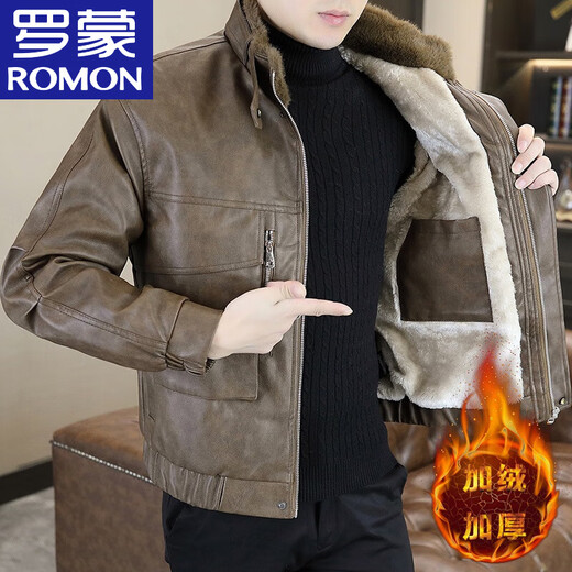 ROMON 2026 winter new style velvet thickened leather jacket men's trendy casual motorcycle wear pu leather jacket jacket trendy gray M reference around 90-110