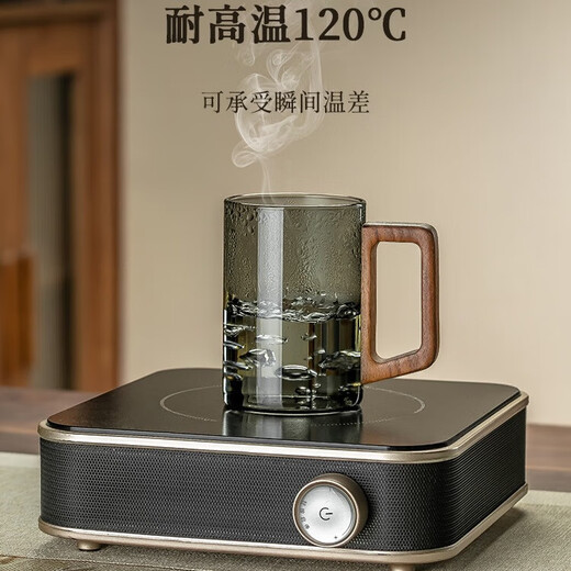 MIDOC high borosilicate glass household tea cup for guests, high-end green tea cup, water cup set, drinking cup, water set, high-looking soot wooden handle cup * 6 + black frame + portable tray