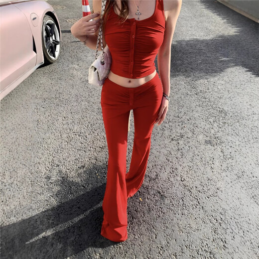 Jingpufei Halsweste Hosenträger hoher Taille schlank und leicht ausgestellte Hose zweiteiliger Set 6167# rote Weste s