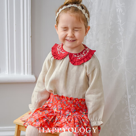 Happyology British girls spring new children's shirt tops linen long-sleeved bottoming lapel shirt rose pink 104 (104cm)