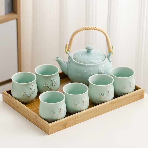 Fat Donglai's same tea set, a complete set of high-end white porcelain handle teapot set, modern household simple light luxury ceramics, gold-painted white handle set, simple packaging