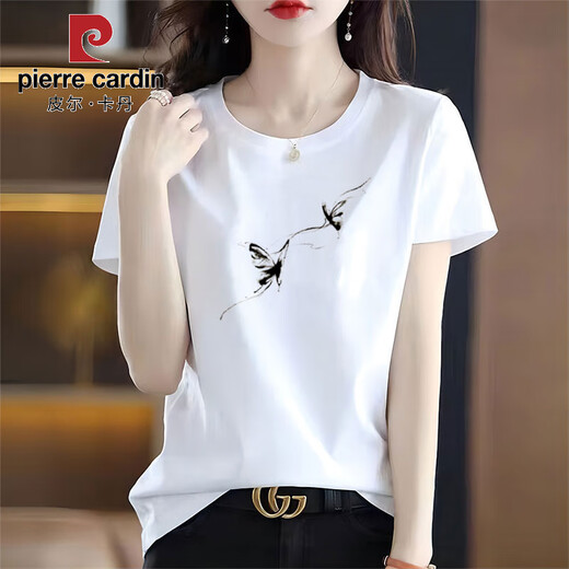 Pier Cardin Algodón puro Camiseta blanca de estilo chino para mujeres, mangas cortas Impresión de tinta simple y versátil Summer 2025 Nueva tendencia superior 6193 Polvo de cuero manga corta L (recomendado 105-120 Jin [Jin iguala 0.5 kg])