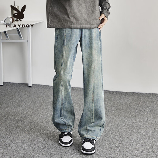Playboy Bootcut Jeans Men's 2025 Autumn and Winter Slim Flare Pants American High Street Scimitar Plus Velvet Men's N24Q301 Blue 2XL