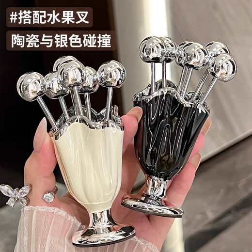 He Jiagong's high-looking stainless steel fruit fork household light luxury children's safety small fork set dessert pick sense mini pleated fruit fork + 6 small forks (milk white a