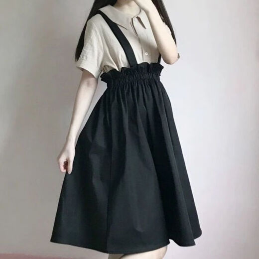 Shan Nanwei single/college style suit student girl Japanese sweet short-sleeved shirt + high waist strap skirt two-piece new set 683 black skirt + apricot top S recommended 75-88 Jin Jin equals 0.5 kg