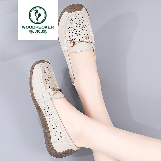 Woodpecker spring and summer new casual shoes genuine leather bean shoes women's shoes summer sandals flat breathable hollow soft sole shoes 826 beige hollow 35