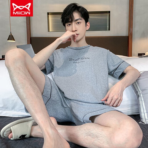 Catman (MiiOW) casual cotton pajamas men's summer short-sleeved shorts for youth Korean style loose home clothing middle-aged thin large-size suit H9922 (short-sleeved shorts) L (recommended 100-125 Jin [Jin equals 0.5 kg])
