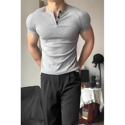 SMVP floral gray slim waist henley short-sleeved men's summer American heavyweight muscular T-shirt fitness bottoming shirt light gray M suitable for 100-120Jin Jin equals 0.5 kg