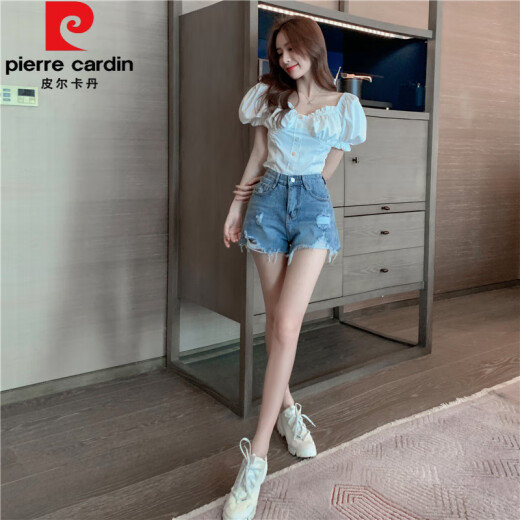 Pierre Cardin cortos de mezclilla rasgados para mujeres Summer NUEVO COREANO COREANO LANGO GRANDE MM MM PARTAS ALTA E-anchos Pantalones AL Pantalones calientes de línea A azul claro 9767 S [90-100Jin [Jin iguala 0.5 kg]]]