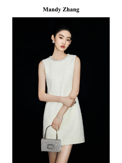 Mandy Zhang white daughter-in-law style beaded diamond collar vest dress women's summer temperament dress short skirt Gardenia White S