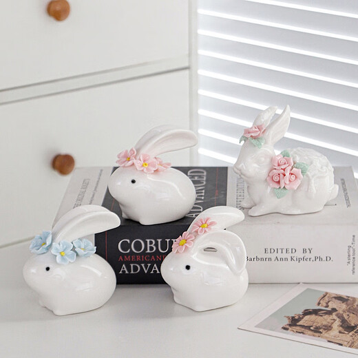 Ceramic decoration rabbit small ornaments home cute creative living room showcase office desk tea pet zodiac crafts pinch flower bunny blue