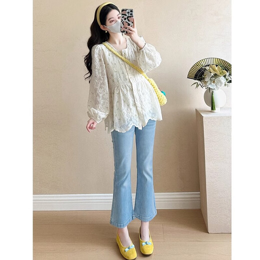 Geman Maternity Clothes Spring and Autumn Clothing Tops Fashionable Age-reducing Belly Covering Maternity Clothes Doll Shirts Loose Little People Autumn Shirts Apricot Tops + Blue Jeans 2XL