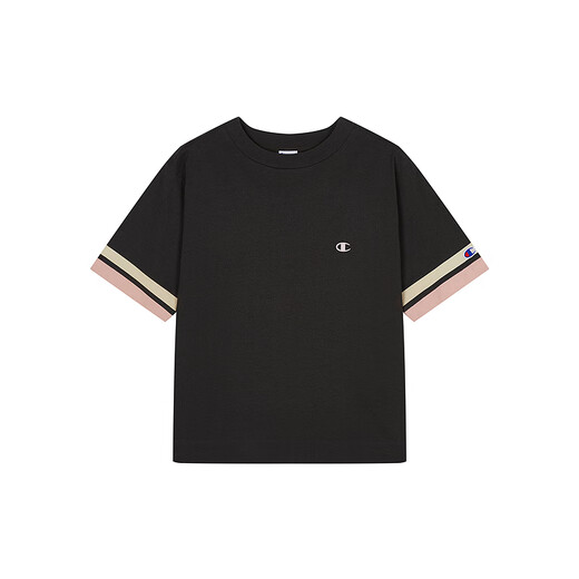 Champion冠军短袖女新款拼接撞色美式复古风T恤潮牌宽松 水墨黑 M