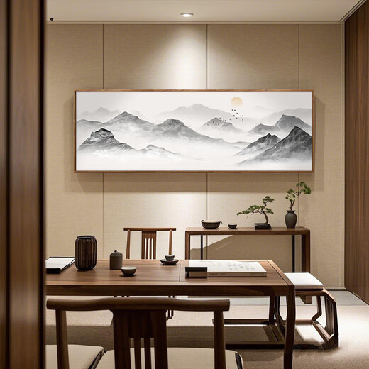 Zilang living room decorative painting sofa background wall ink Zen landscape painting wall hanging painting tea room office calligraphy and painting mural 04-with backing 50*150CM wood grain yellow frame + canvas SF Express