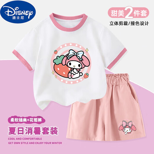 Disney (Disney) Conjunto de camiseta y pantalones cortos de algodón Kuromi para niñas de 2 a 15 años, novedad de verano, conjunto de dos piezas para niños medianos y grandes, 3291, conjunto de dos piezas, top morado + pantalones cortos 130 cm
