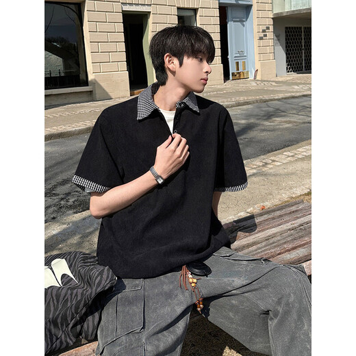 NYING American fake two-piece short-sleeved polo shirt for men 25 summer new high street fashion brand three-quarter sleeve spliced loose top black XL (120-140Jin Jin equals 0.5 kg)