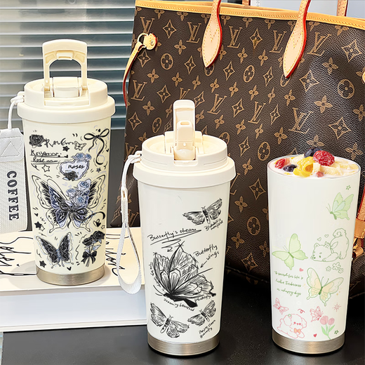 LOCK&LOCK Sommer-Wasserbecher, Schmetterlings-Thermoskanne, neue hochwertige tragbare Auto-Kaffeetasse aus Stroh, Antikweiß-BXAB6198, Schmetterlings-Keramikeinsatz