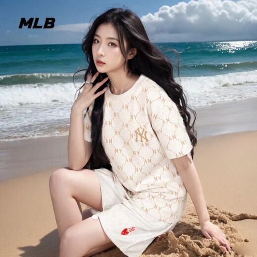 MLB短袖圆领老花Logo印花常规黑色潮流春夏新款白色运动休闲T恤 奶油色/50CRS M (170)